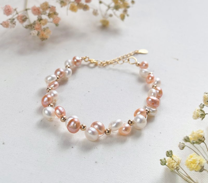 天然淡水珍珠 橘粉白双色满天星 珍珠手链 母亲节礼物 - 手链/手环 - 珍珠 粉红色