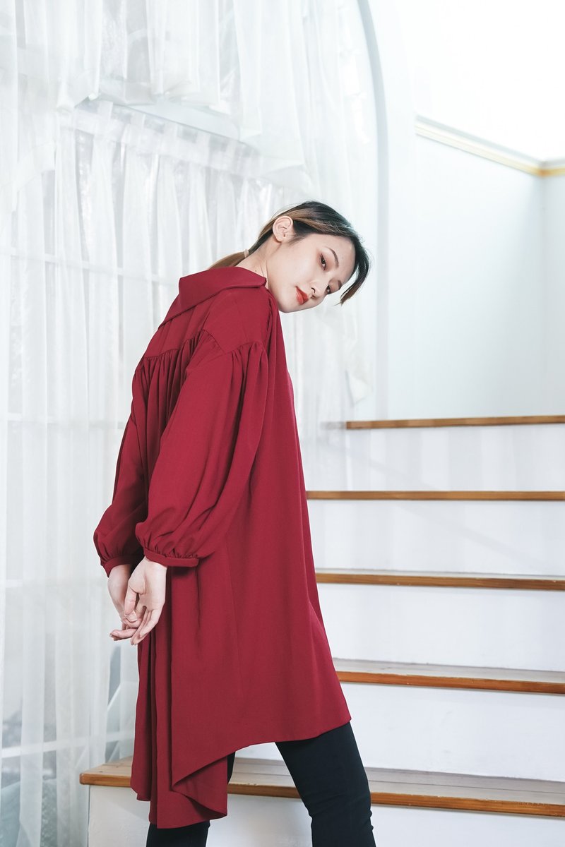 马克的摇滚乐团  竹节棉宽版长衬衫 - 女装上衣 - 棉．麻 红色