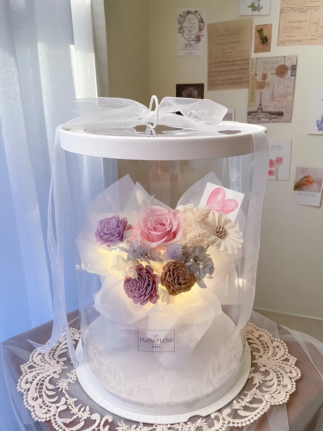 微奢款复古粉永生花束礼盒 有灯 永生花 情人节花束 告白 求婚 - 干燥花/捧花 - 植物．花 