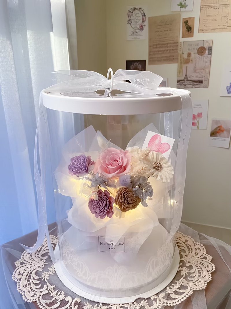 微奢款复古粉永生花束礼盒 有灯 永生花 情人节花束 告白 求婚 - 干燥花/捧花 - 植物．花 