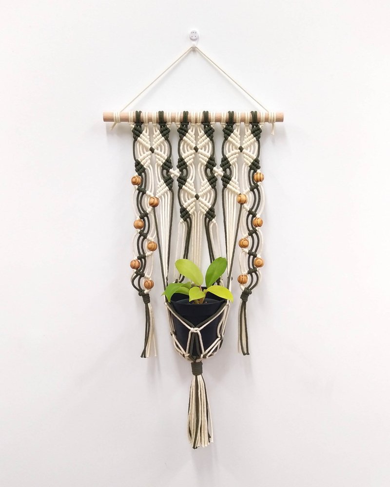 Macrame Plant Hanger 手工编织植物盆栽吊挂网【复古米/军绿】 - 墙贴/壁贴 - 棉．麻 绿色