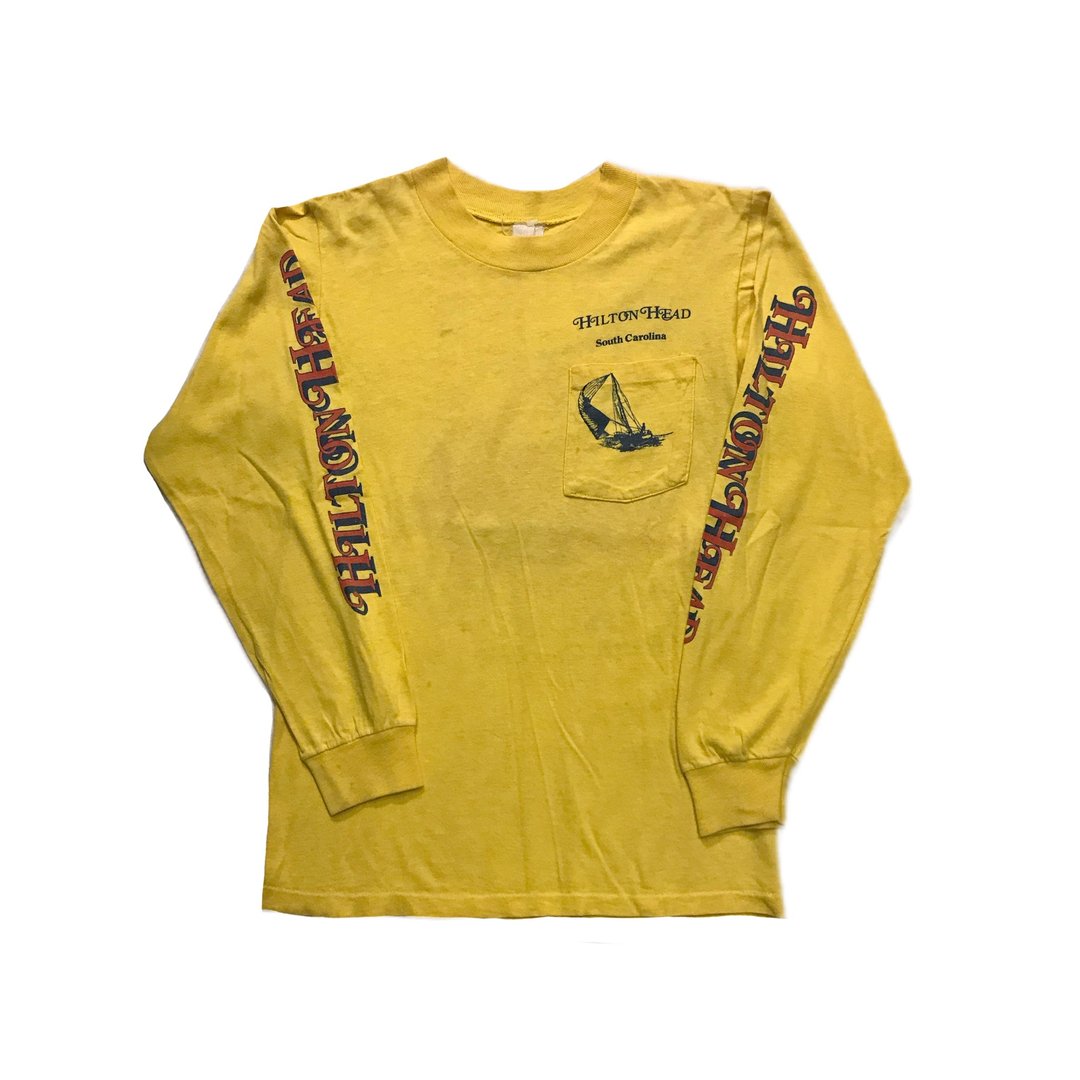 Vintage Long Sleeve T-shirt Hillton Head口袋薄长袖 - 女装上衣 - 棉 橘色