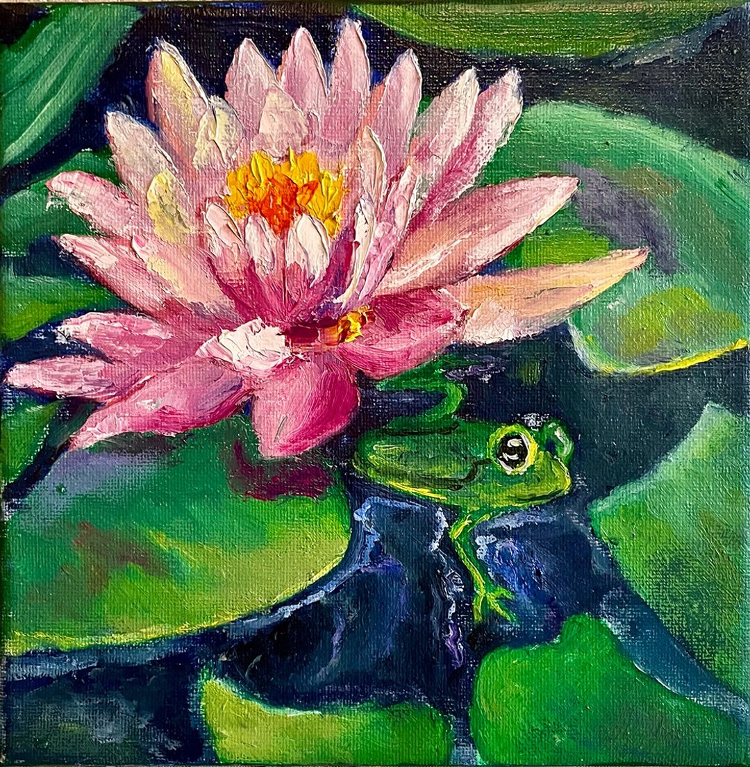 布面油画 睡莲 / 粉红色的花 / 小青蛙 / 画布艺术 / 青蛙油画 - 海报/装饰画/版画 - 棉 