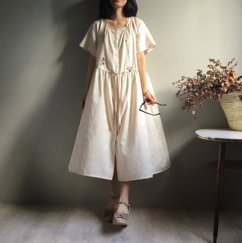 流星/粉色系色织条纹精梳棉圆领抽绳全开扣短袖长洋装100%棉 - 洋装/连衣裙 - 棉．麻 