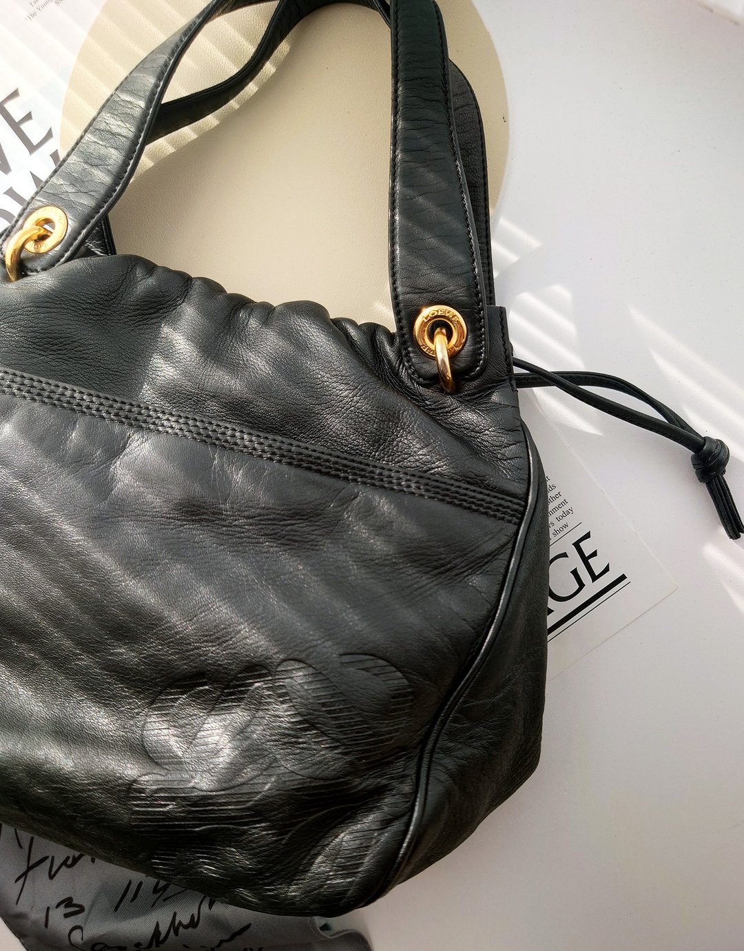 中古包 Loewe 羊皮 手挽袋手提包单肩包托特包单肩袋抽绳包束口袋 - 手提包/手提袋 - 真皮 黑色