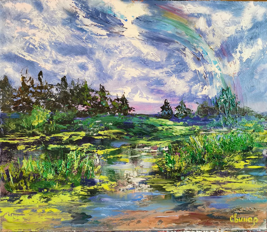 Rainbow River Pond Forest Original Impasto Art Oil Painting Artist Svinar Oksana - 其他 - 其他材质 多色