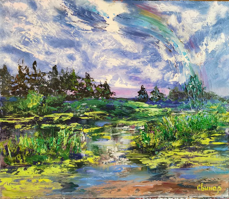 Rainbow River Pond Forest Original Impasto Art Oil Painting Artist Svinar Oksana - 其他 - 其他材质 多色