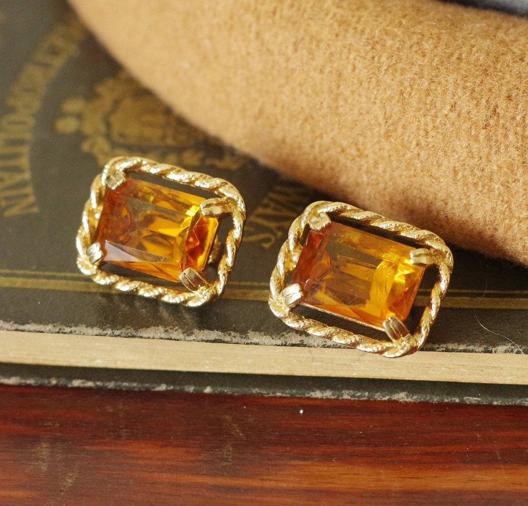 古董金色咖啡蜂蜜色莱茵石方块夹式耳环SARAH COVENTRY C1056 - 耳环/耳夹 - 其他金属 金色
