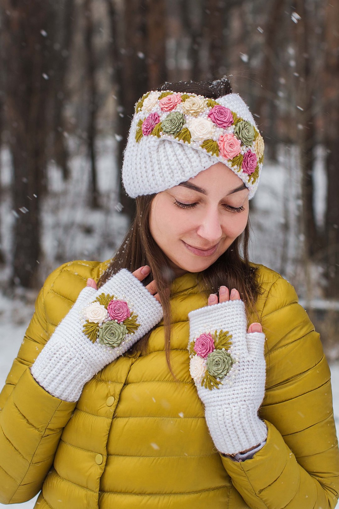 Knitted set headband and mittens - 发带/发箍 - 羊毛 白色