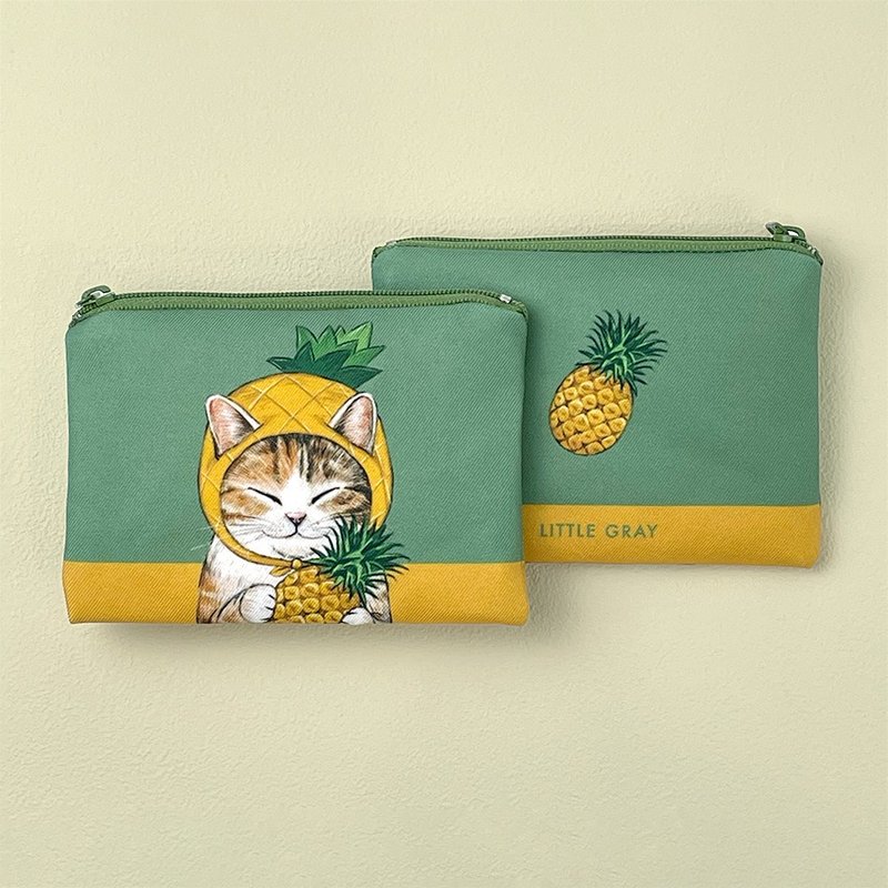 三花虎斑猫与凤梨_插画动物万用零钱包/拉链收纳包/小物收纳/现货 - 零钱包 - 其他材质 绿色