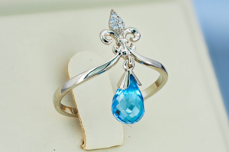 14k gold ring with briolette cut topaz and diamonds. - 戒指 - 贵金属 金色