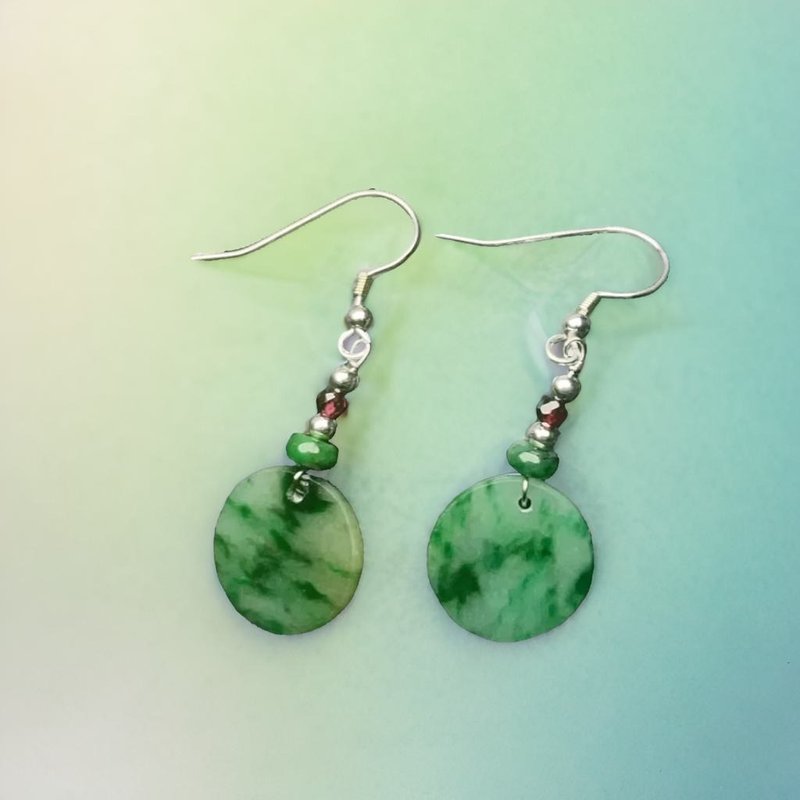 冰种飘绿花翡翠无事牌925纯银耳环 | 天然缅甸玉翡翠A货 | 送礼 - 耳环/耳夹 - 玉石 绿色