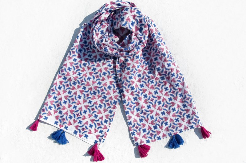 手工木刻印植物染围巾手织围巾 编织围巾 草木染纯绵丝巾-摩洛哥 - 围巾/披肩 - 棉．麻 多色