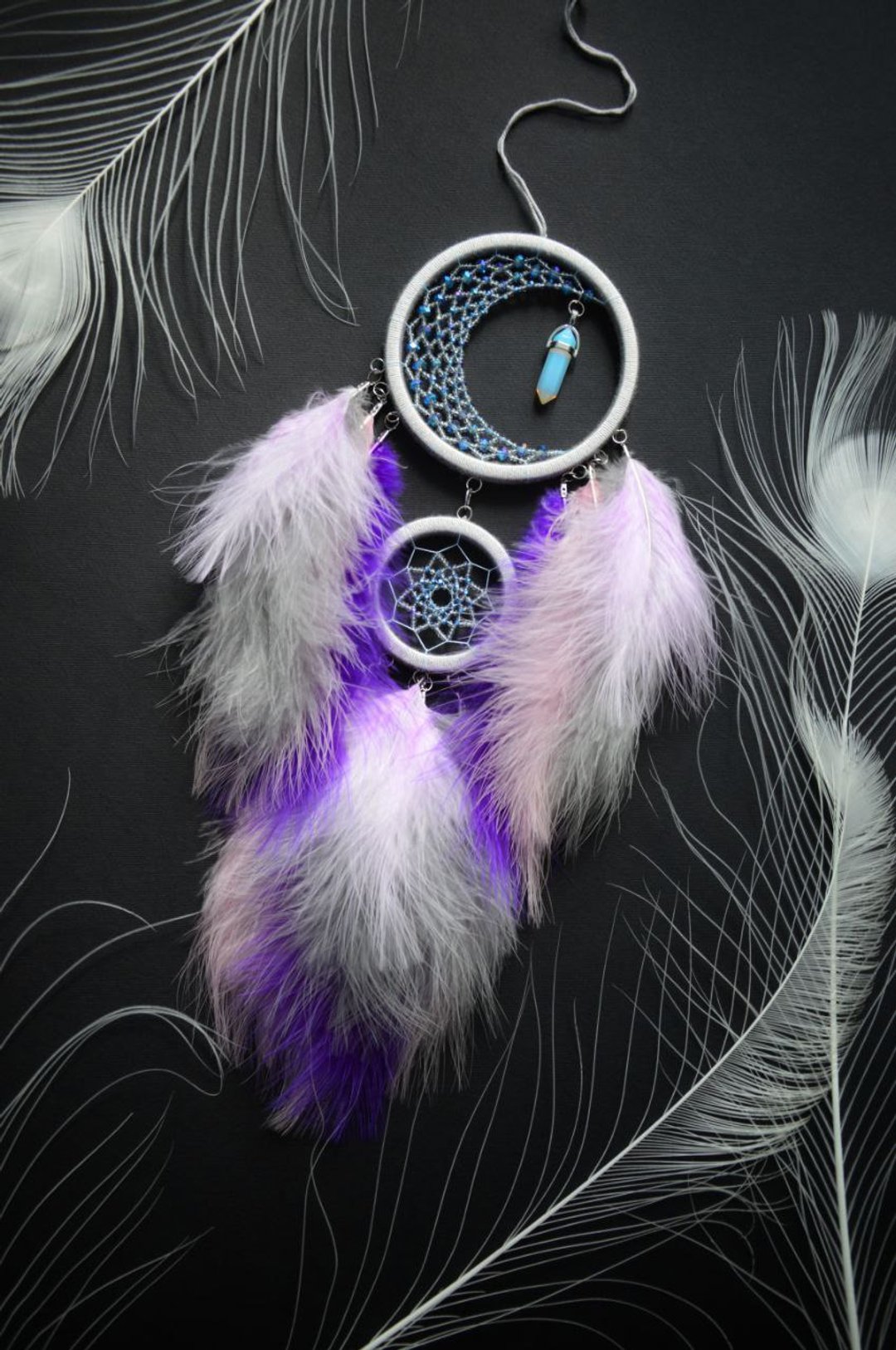 Soft dream catcher with moonstone crystal Girly crescent moon Dream catcher - 墙贴/壁贴 - 玻璃 紫色