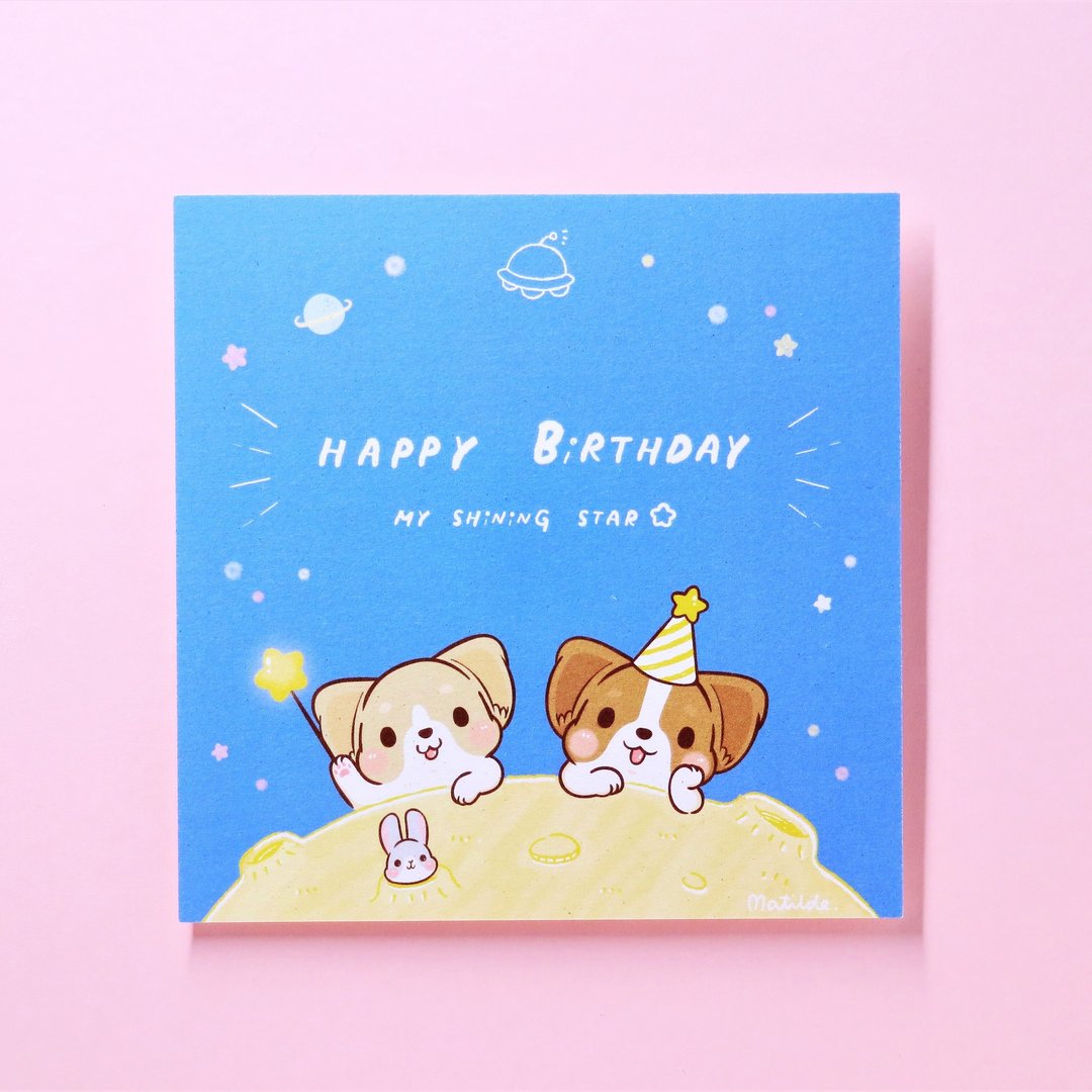 生日方形卡片 / 柯基 / 生日快乐 / 方形卡 - 卡片/明信片 - 纸 蓝色