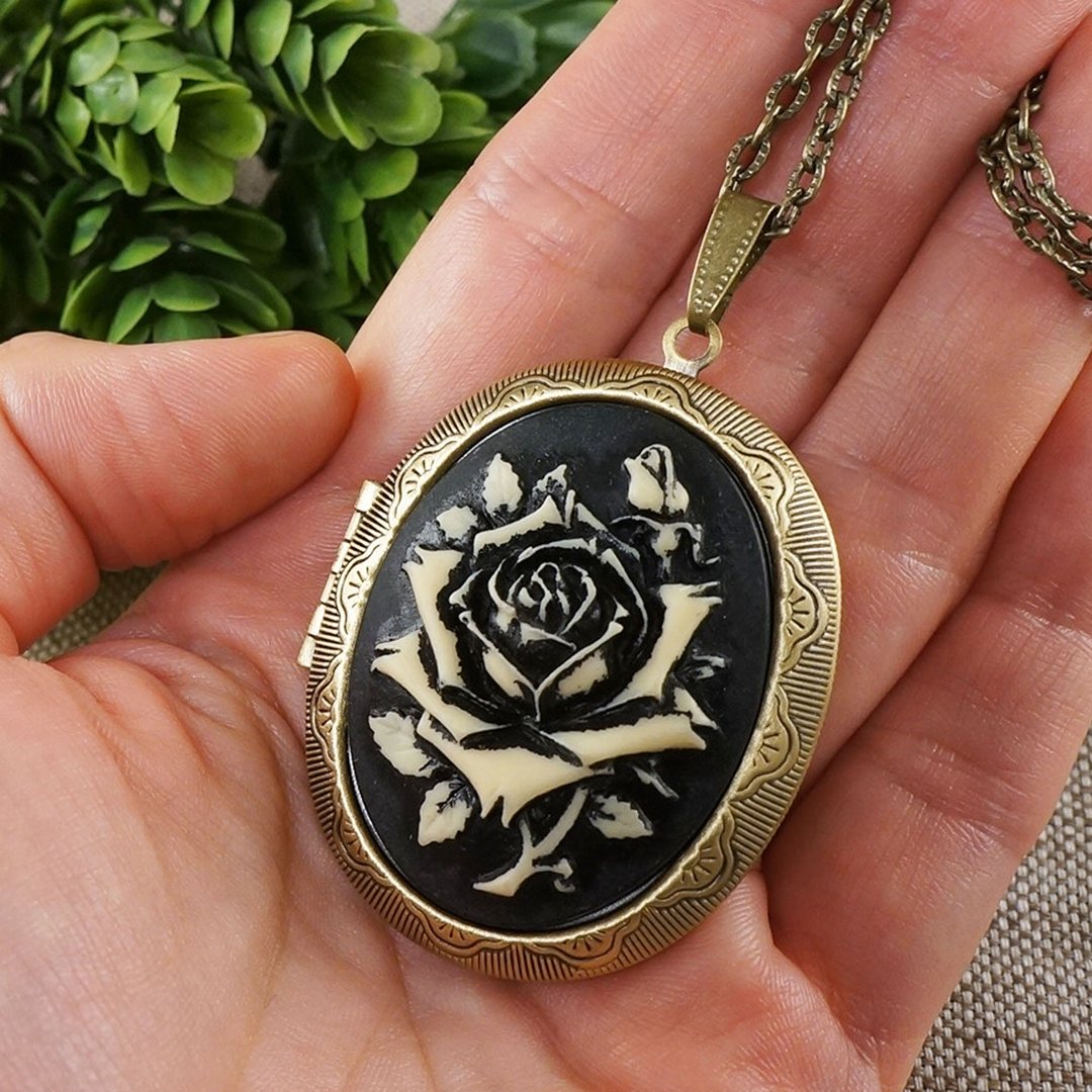 Black Ivory Rose Cameo Oval Photo Locket Flower Pendant Necklace Woman Jewelry - 项链 - 其他材质 黑色
