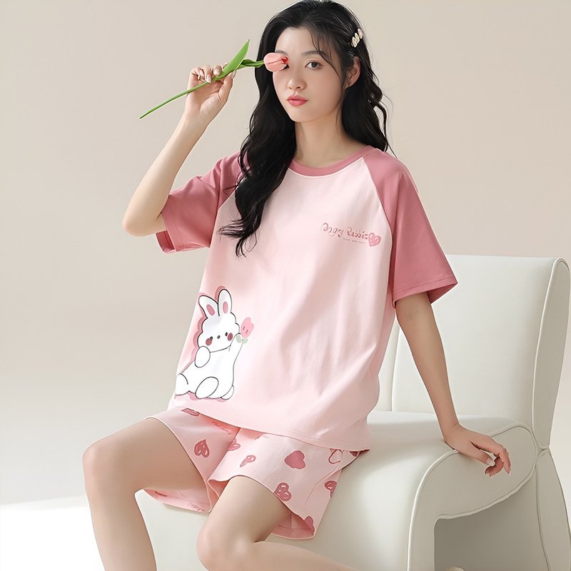 Pink Lady 棉柔成套睡衣 心语花兔 落肩短袖 两件式女睡衣 居家服 - 居家服/睡衣 - 其他人造纤维 粉红色