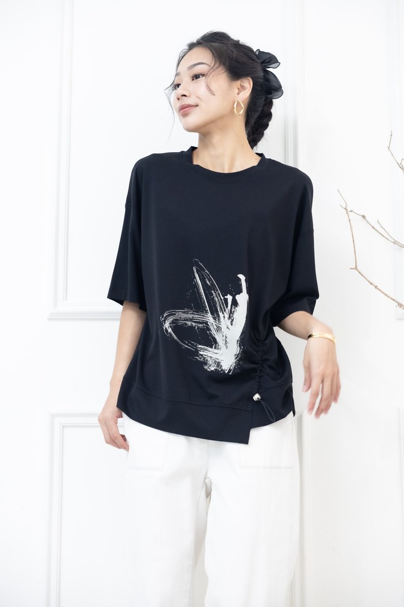 白色泼画五分上衣 黑色 - 女装 T 恤 - 其他材质 黑色