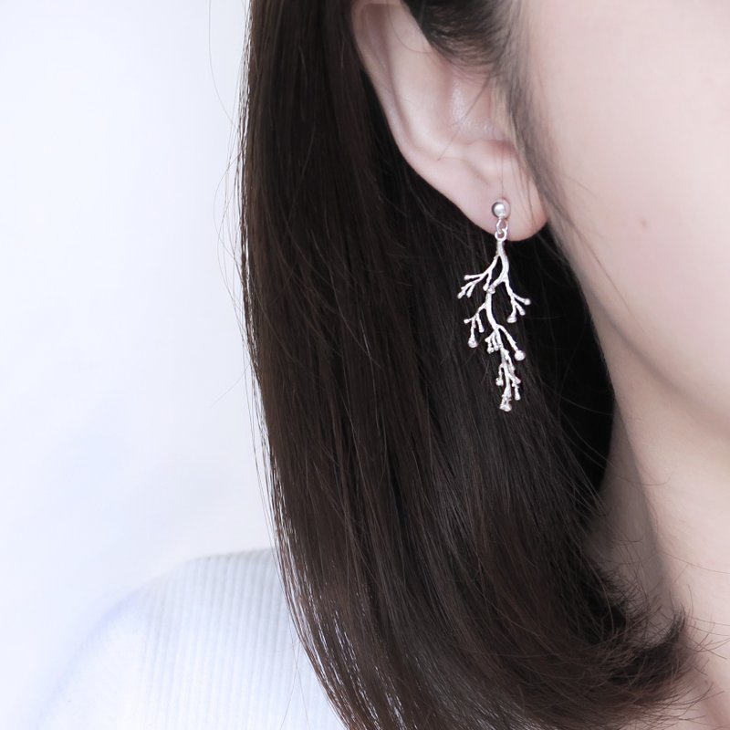 森林系 925纯银 幸运礼 枝芽 耳环 耳夹 免费送礼包装 - 耳环/耳夹 - 纯银 银色