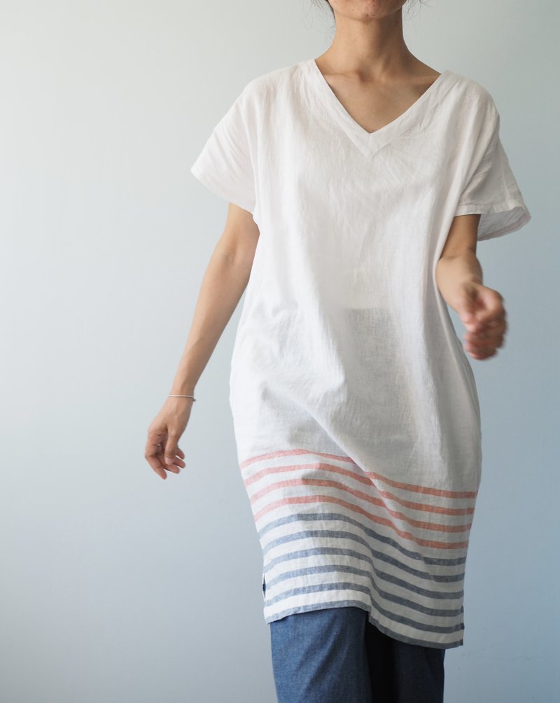 Linen Cotton V-Neck Short Sleeve Dress - 洋装/连衣裙 - 棉．麻 白色