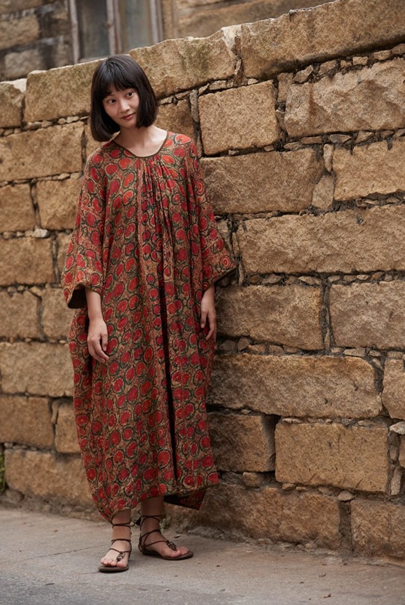 复古文青 亚麻印花连身裙 - 洋装/连衣裙 - 其他材质 多色