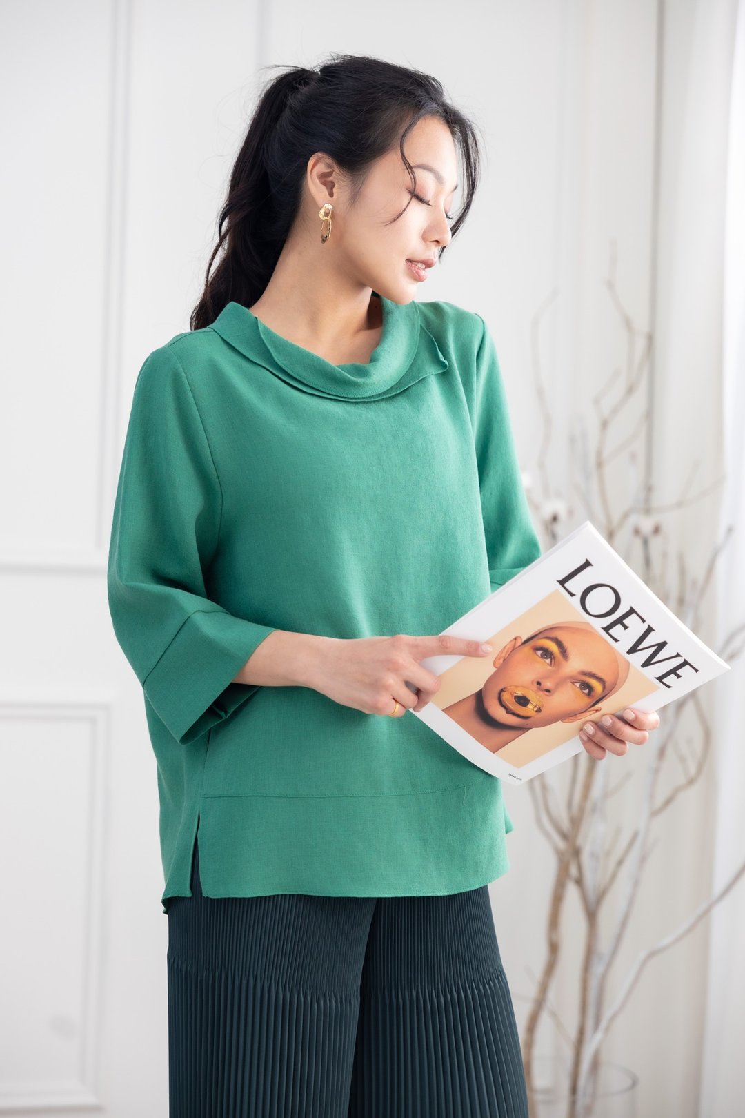 不规则领七分袖上衣 绿色 - 女装上衣 - 其他材质 绿色