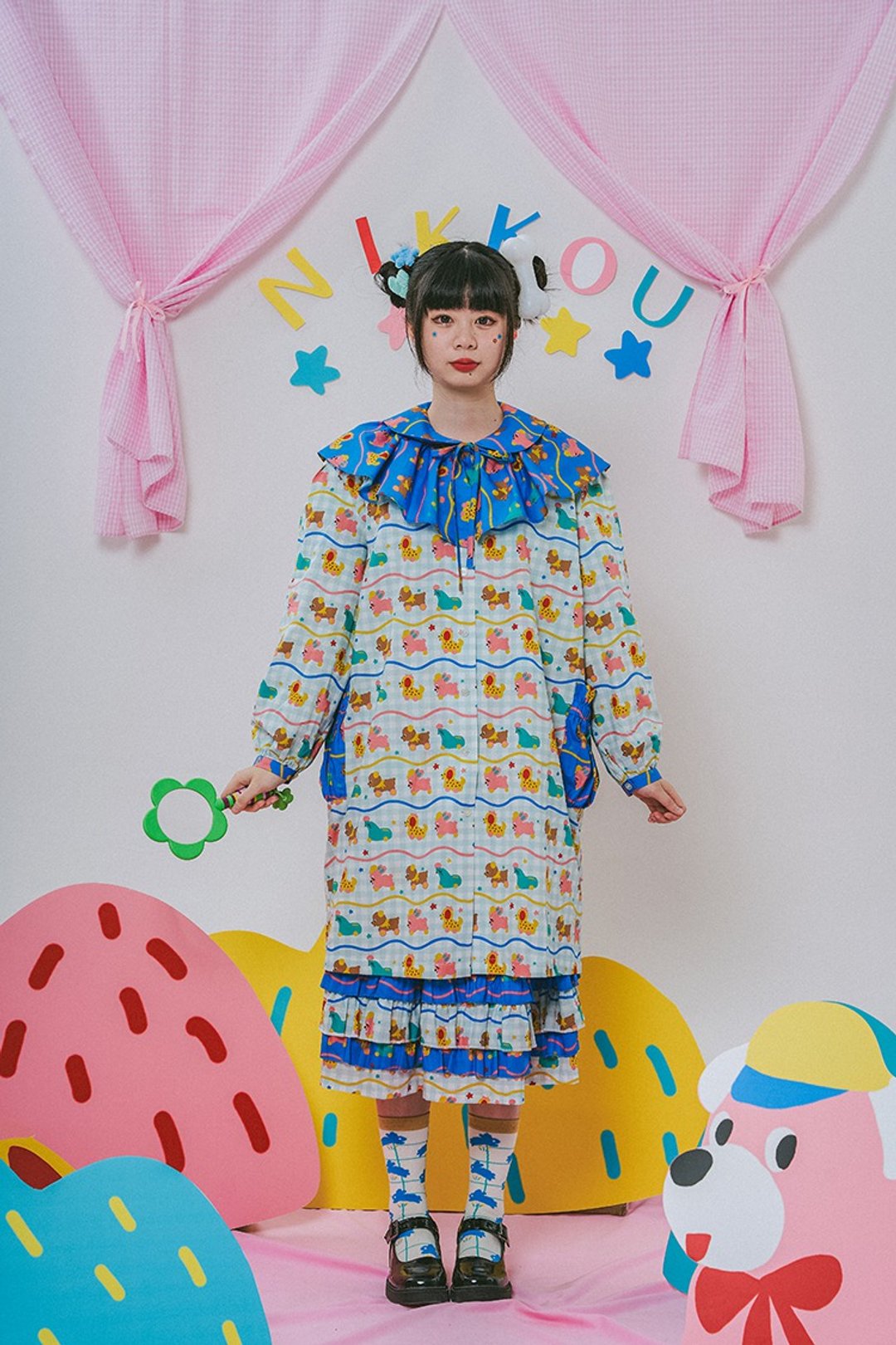 玩具小狗 长袖衬衫蛋糕洋裝 - 女装衬衫 - 棉．麻 多色
