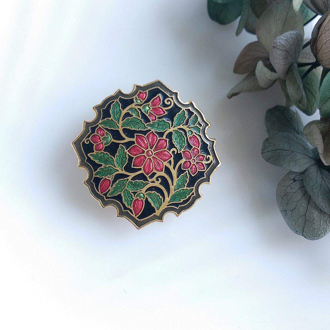 Vintage Jewelry 景泰蓝风格  FISH  黑底红花卉 别针 胸针 - 徽章/别针 - 其他材质 金色