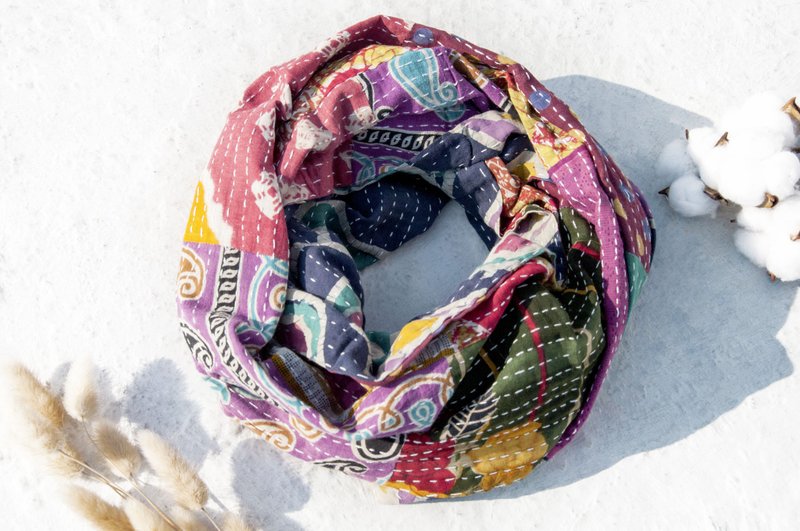 手缝纱丽布拼接丝巾/刺绣丝巾/刺绣围巾/手缝纱丽线丝巾-花朵森林 - 丝巾 - 棉．麻 多色