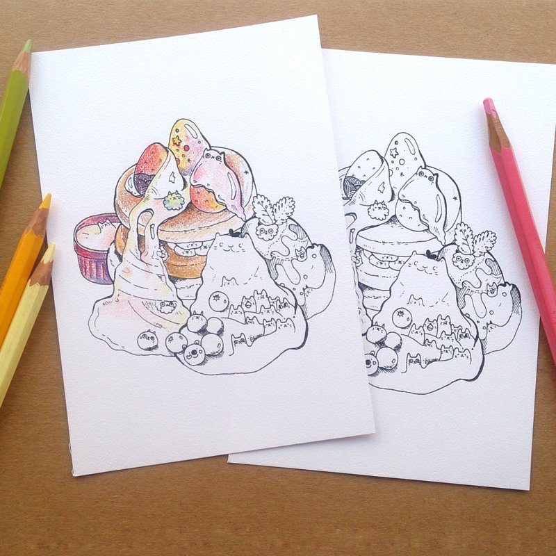 猫猫甜点着色明信片(黑白) - 卡片/明信片 - 纸 黑色
