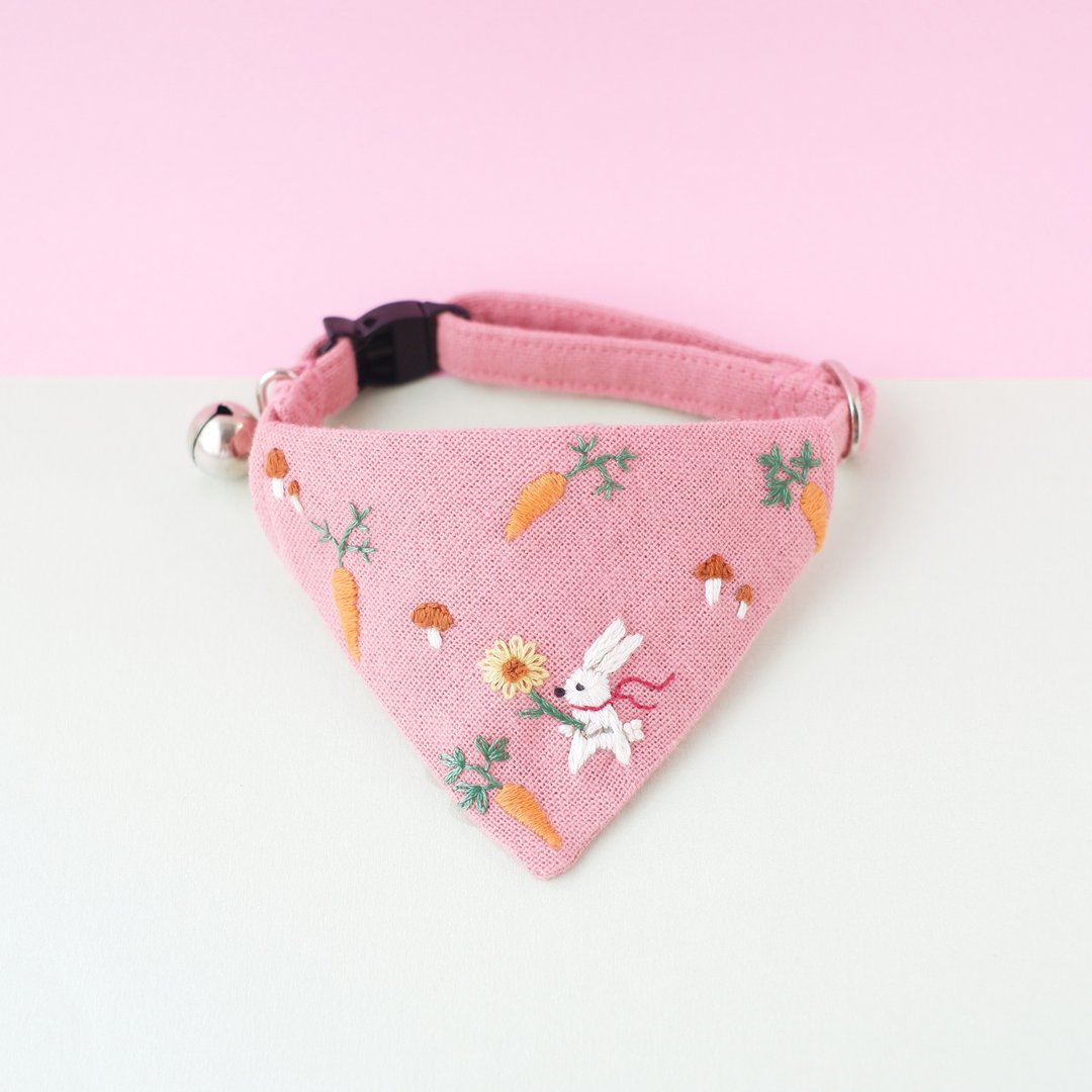 Little forest - Breakaway cat collar : Bunny,hand-emboidered bandana,Removable - 项圈/牵绳 - 棉 粉红色