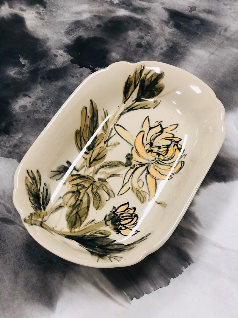 纯手工绘制瓷盘 花卉系列 菊花 水墨风作品 仅此一件 - 盘子/餐盘/盘架 - 瓷 黄色