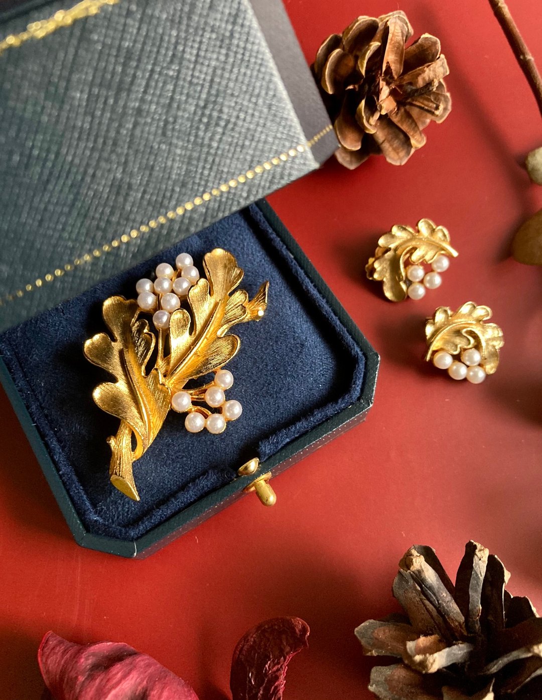 美国古董 典雅可爱 镀金珍珠耳夹耳环别针套组 - 耳环/耳夹 - 其他金属 