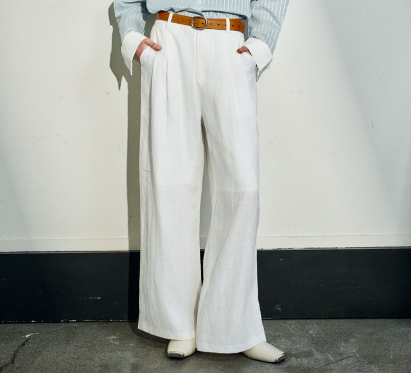 【进口100%亚麻】法式簡約/宽松阔腿裤 - 中性裤装 - 棉．麻 白色