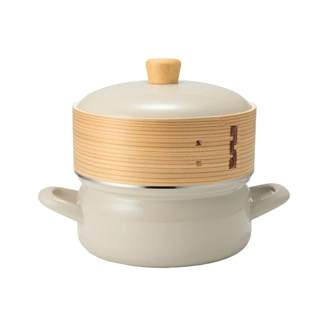SEIRO 蒸煮系列   双耳珐琅锅连盖及竹笼  暖米色 18cm - 厨房用具 - 珐琅 卡其色