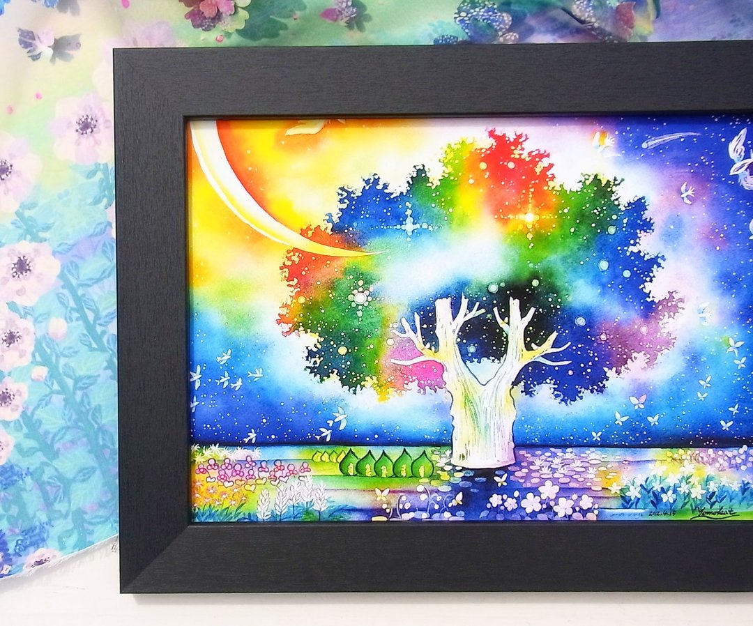 [Water Garden] Watercolor Art Print Interior Accessory Fashionable Living Room Moonlit Night Ocean Flower Field Crescent Moon Starry Sky Blue Indigo Men's Gift Housewarming Night Sky Fantastic - 海报/装饰画/版画 - 纸 蓝色