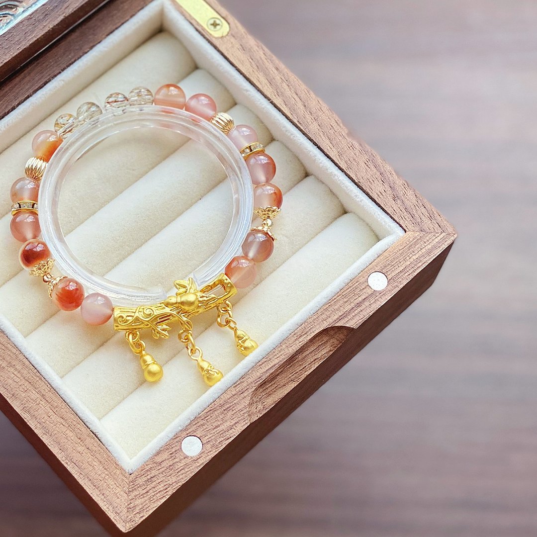 Amelia Jewelry丨锦楼春烟 • 天然鸩羽胶花x黑金超七原创设计手 - 手链/手环 - 水晶 橘色