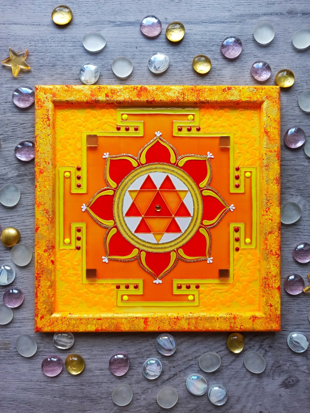 手绘Durga Yantra吠陀占星术冥想瑜伽Joytish Vastu Tantra - 墙贴/壁贴 - 玻璃 黄色