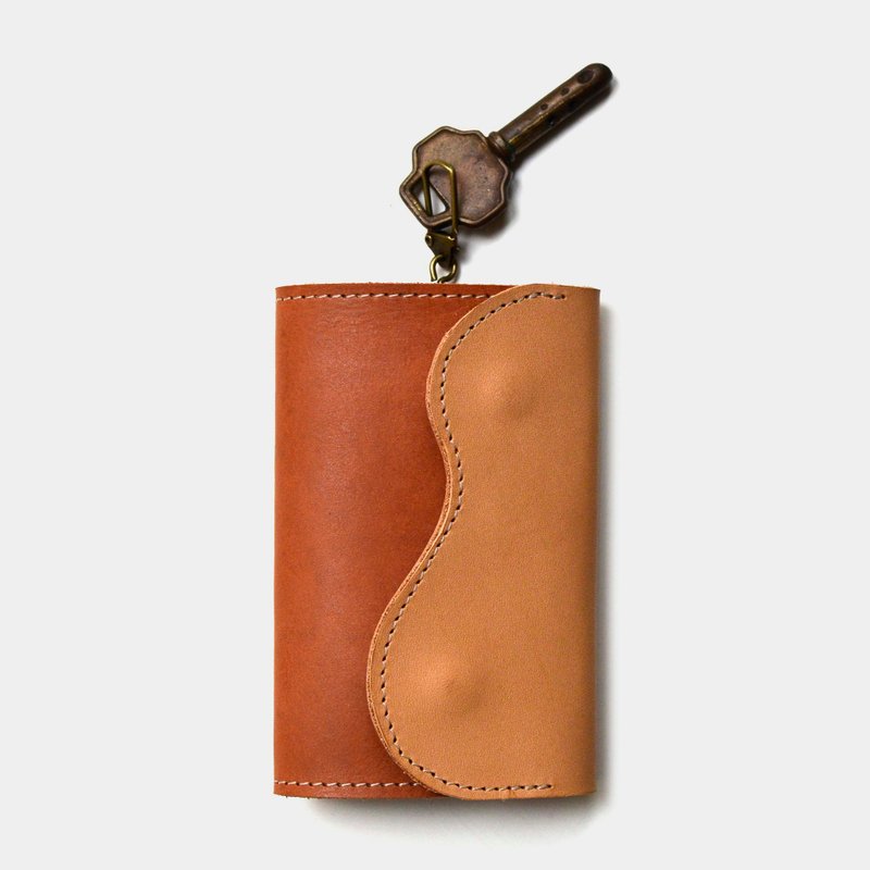 【枫树制的方向盘】植鞣牛皮钥匙包 原色X棕色皮革 刻字礼物 - 钥匙链/钥匙包 - 真皮 咖啡色