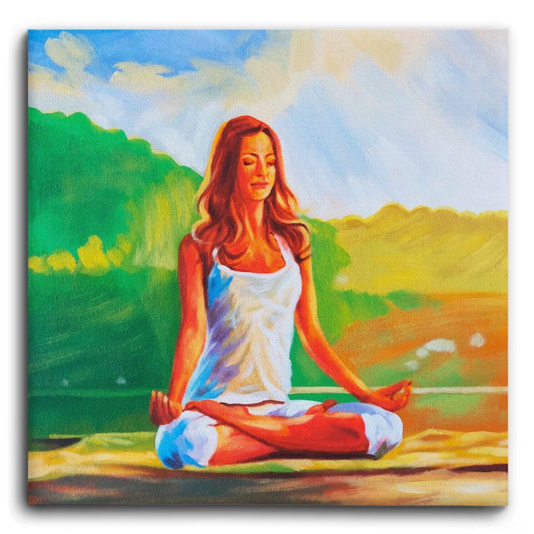 Yoga Painting on Canvas, Original Yoga Wall Art, Yoga Studio Decor, Yoga Gift - 墙贴/壁贴 - 压克力 黄色