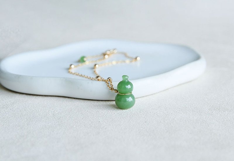 和田碧玉葫芦吊坠女款搭配14K包金玉石项链简约大气 - 项链 - 玉石 绿色