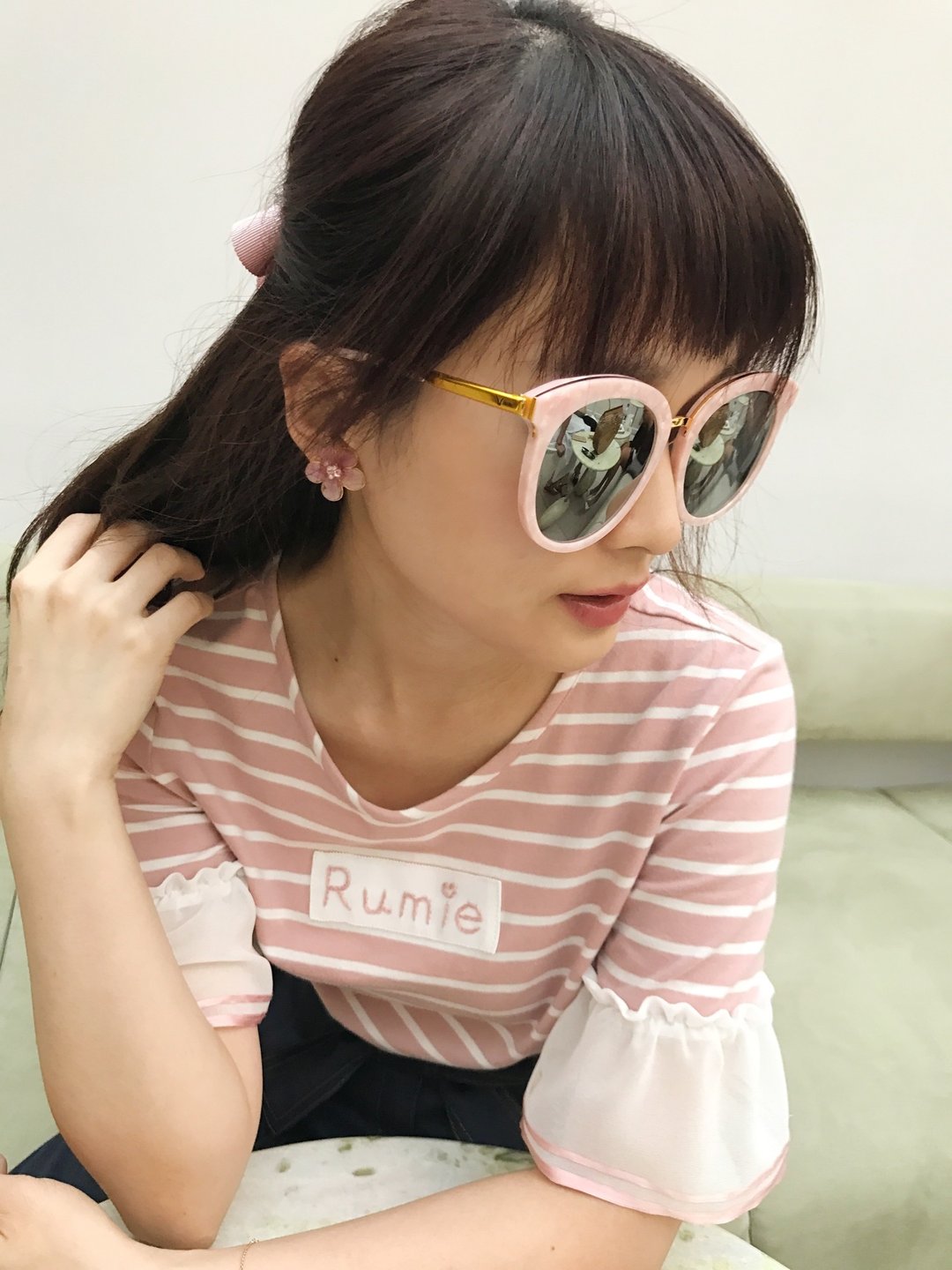 炎夏对策系列 Rumie 手工刺绣 条纹 雪纺缎带袖上衣（玫瑰粉色） - 女装 T 恤 - 棉 