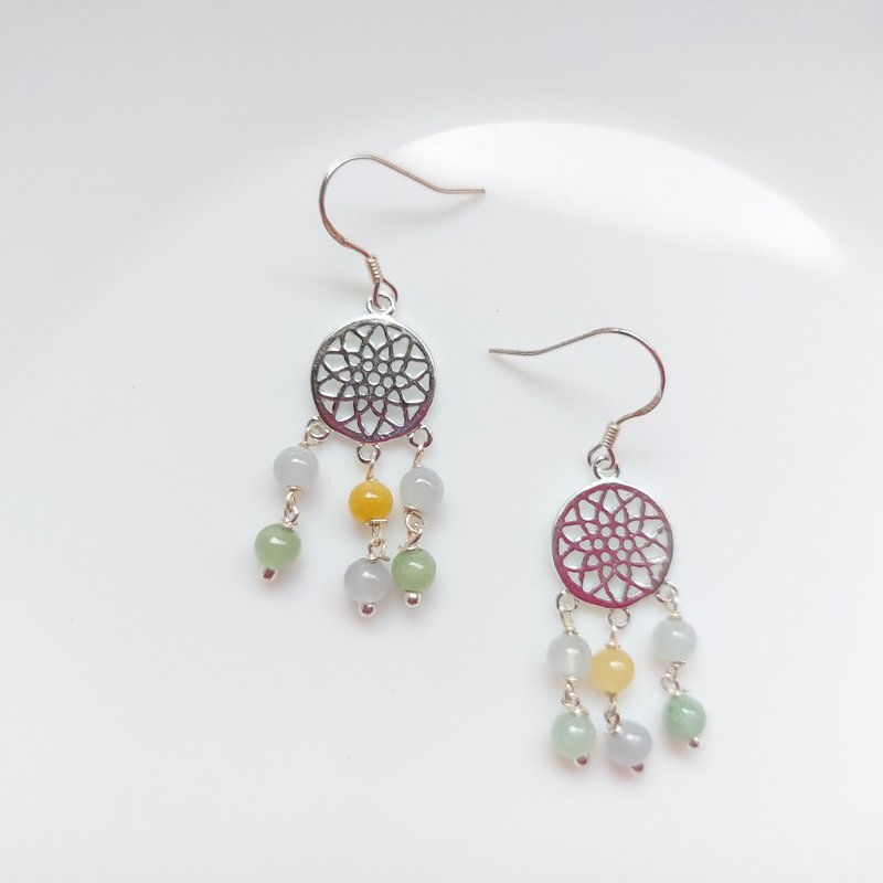 s925纯银 天然翡翠 A货 多彩玉珠耳环 | 手作定制 手链 项链 耳饰 - 耳环/耳夹 - 玉石 