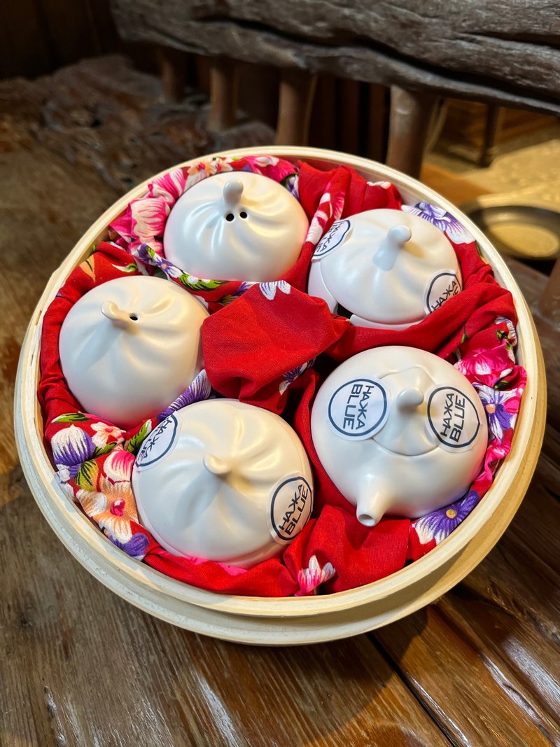 【台客蓝】小笼包调味罐5入组*含小汤匙 **蒸笼+花布包装随机出 - 调味罐/酱料瓶 - 陶 白色