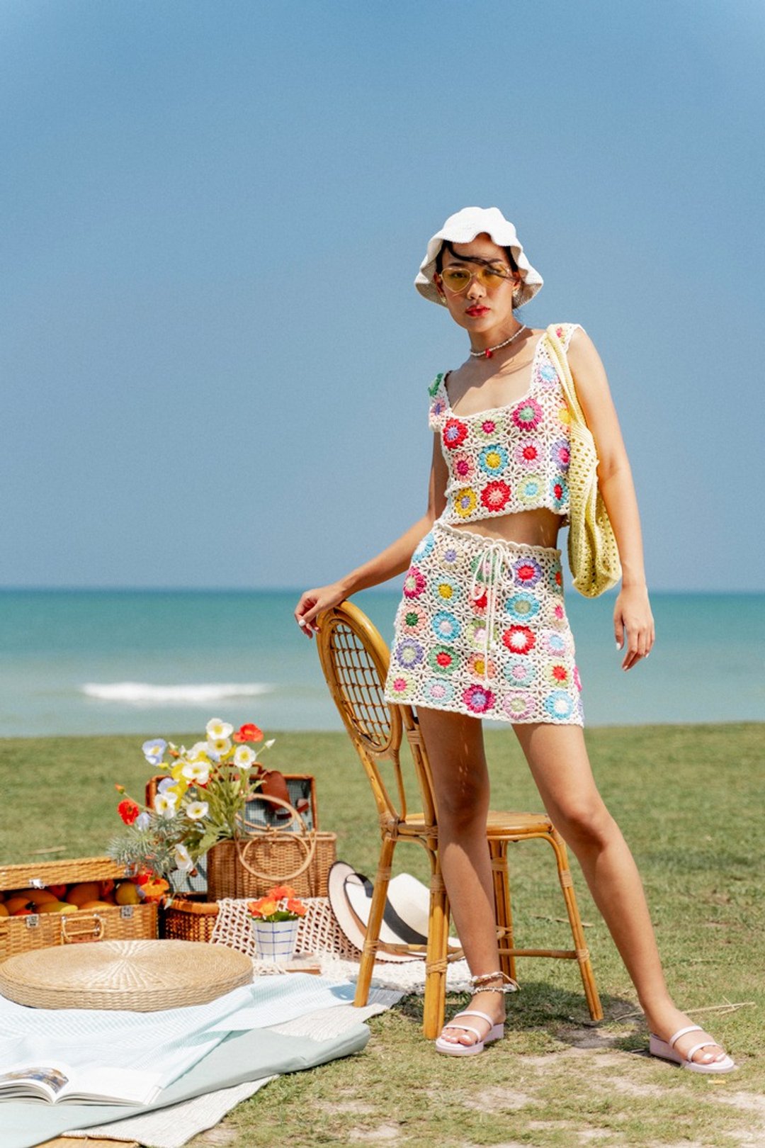 Colourful Floral crochet crop top shirt&Skirt - 女装上衣 - 棉 多色