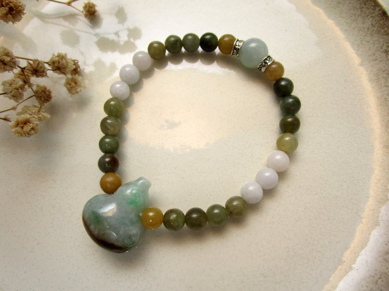 珠串设计手链-葫芦 三彩缅甸玉+银+蜜糖黄缅甸玉+油青种缅甸玉 - 手链/手环 - 玉石 绿色