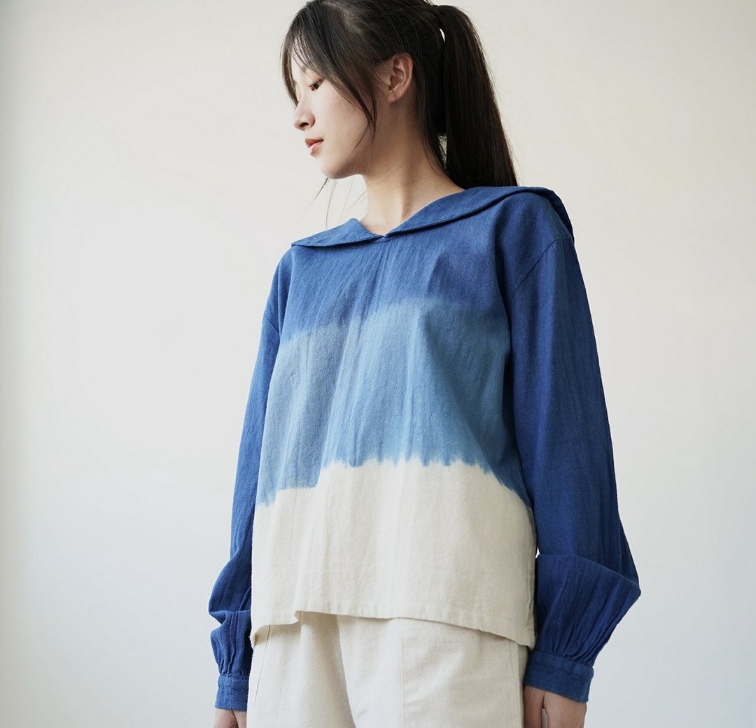 【棉麻手工蓝染】海军领长袖上衣 - 女装上衣 - 棉 蓝色