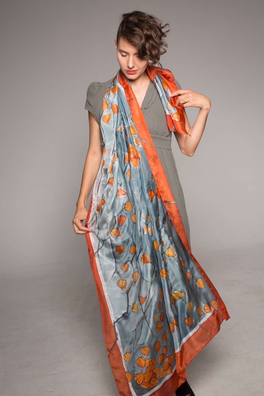 Hand painted silk scarf- Winter Cherry. Luxurious scarves - 丝巾 - 丝．绢 多色