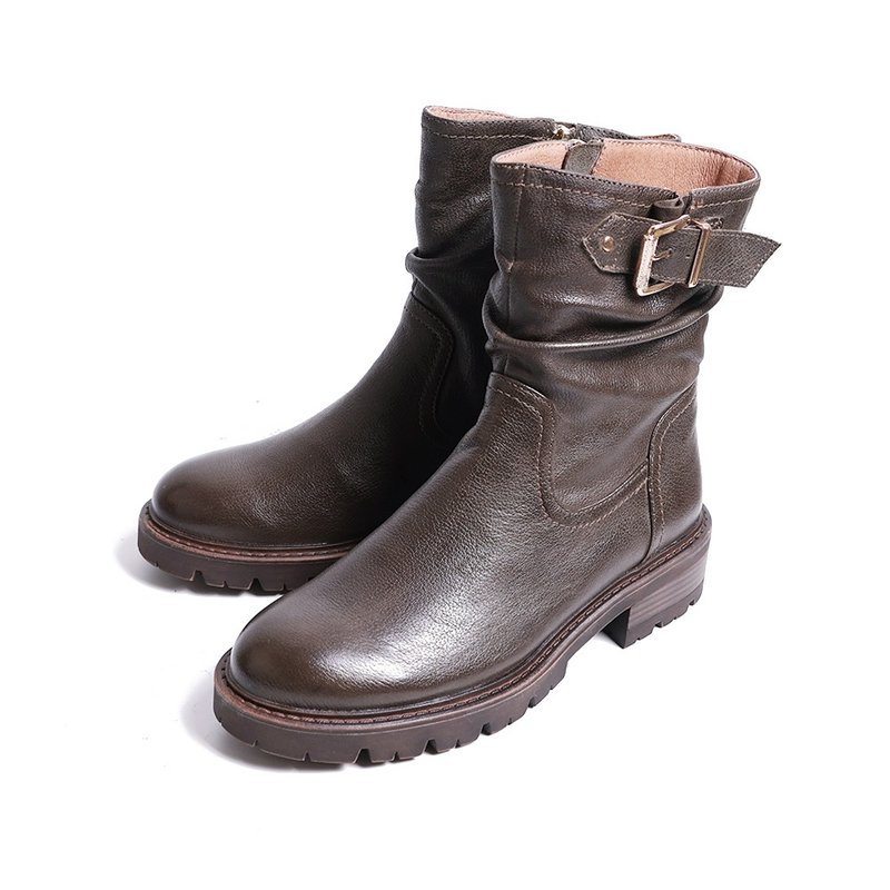 个性仿旧质感真皮扣环短靴墨绿色 - 女款短靴 - 真皮 绿色