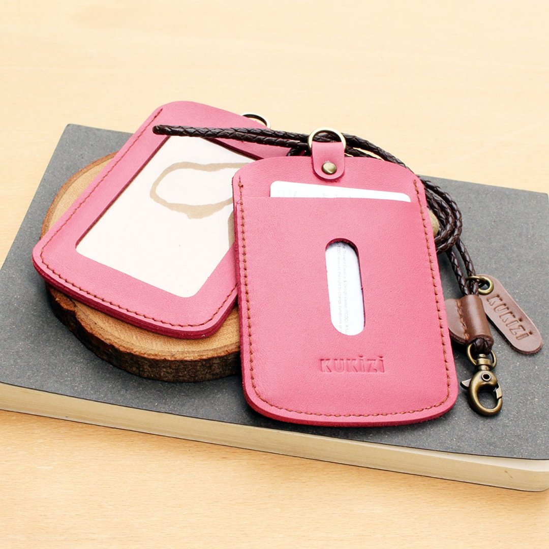 ID case/ Key card case/ Card case - ID 1 -- Pink + Dark Brown Lanyard - 证件套/卡套 - 真皮 